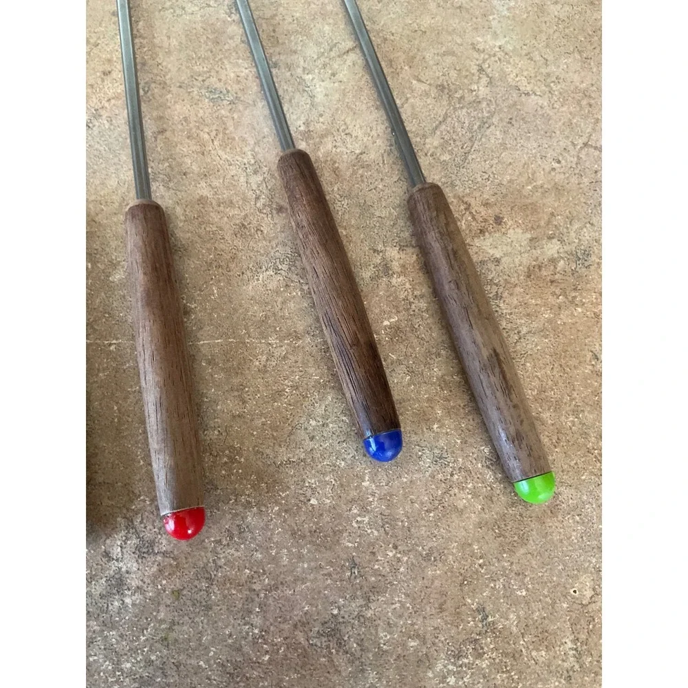 Vintage Fondue Forks Set 6 Stainless Steel Japan Teak Wood Handles Multi Color